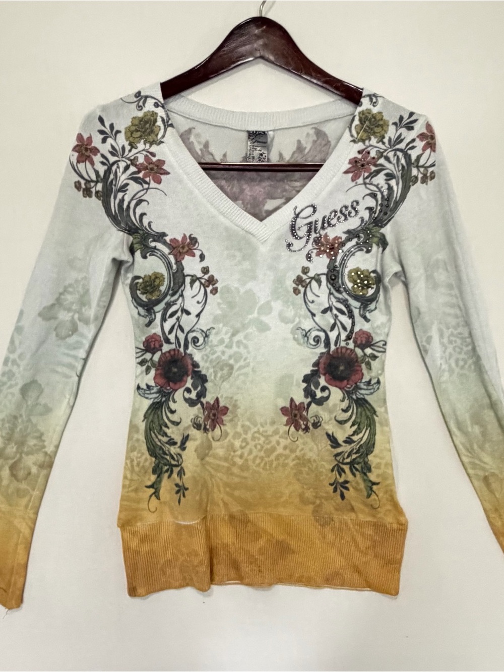 vtg Y2K Guess long-sleeve V-neck top ombre fade floral tattoo Sweater Womens L